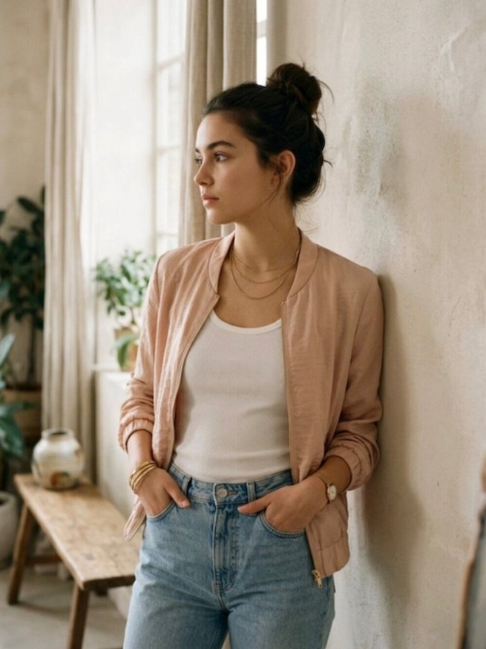 H&M Satin Bomber Jacket Lightweight Soft Utility Blush Pink Rose Gold Size 6